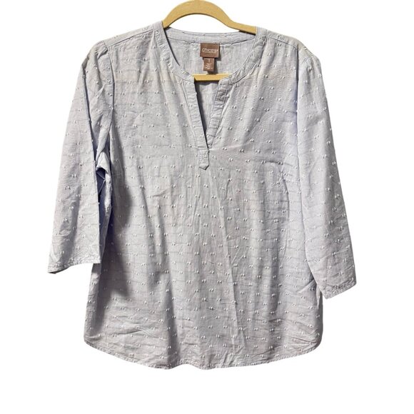 Chicos Size M Light Blue Cotton Textured 3/4 Sleeve Blouse - Picture 5 of 12
